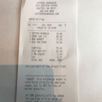 Cutters Crabhouse - Receipt - Seafood Near Me - Seattle, Washington