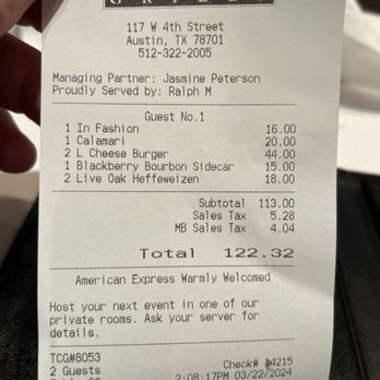 The Capital Grille - The bill w/o dessert - Steakhouses Near Me - Austin, Texas