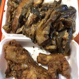 3 items over rice: pork chops, roasted chicken, and eggplant stir fry 3 items over rice: pork chops, roasted chicken, and eggplant stir fry