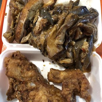 Wonder Wok - 3 items over rice: pork chops, roasted chicken, and eggplant stir fry - Chinese Near Me - Richmond, British Columbia Wonder Wok - 3 items over rice: pork chops, roasted chicken, and eggplant stir fry - Chinese Near Me - Richmond, British Columbia