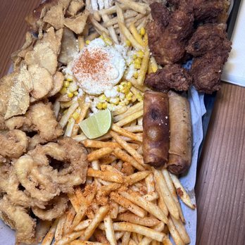 Factory Tea Bar-Westminster - Large sampler: Elote Fries, eggrolls, Original Popcorn Chicken, chicken wings, Sour Cream Onion Fries, BBQ Fries, calamari, salted egg chips - Coffee & Tea Near Me - Westminster, California