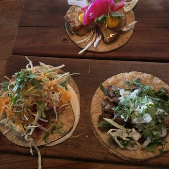 Dos Santos - Beer Battered Shrimp Taco, Steak Arrachera Taco, and Crispy Pork Belly Taco - Mexican Near Me - Nashville, Tennessee