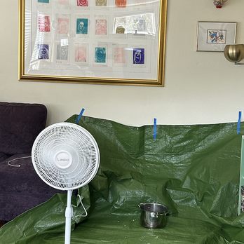 Fog City Roofing - My living room, my tarp, my kitchen pot, my fan. Fog City hardly provided anything after this debacle. - Roofing Near Me - Alameda, California