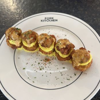 Fork & Kitchen - Sinful Eggs with crab balls - Breakfast & Brunch Near Me - Rockville, Maryland