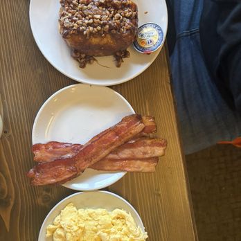 McKay Cottage Restaurant - Pecan sticky  bun with side of eggs and bacon - American Near Me - Bend, Oregon