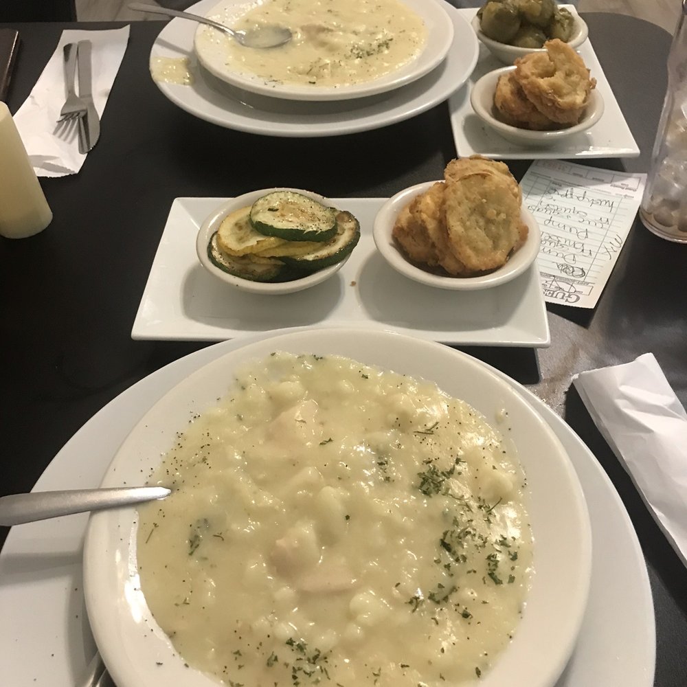 Chicken and dumplings with fried squash and grilled squash Chicken and dumplings with fried squash and grilled squash