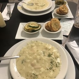Chicken and dumplings with fried squash and grilled squash Chicken and dumplings with fried squash and grilled squash