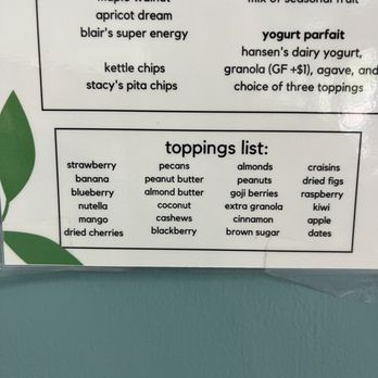 Get Fresh Cafe - Toppings list for açaí - Cafes Near Me - Iowa City, Iowa