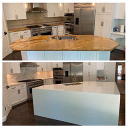 Kitchen and backsplash remodel. Beautiful waterfall island!!
