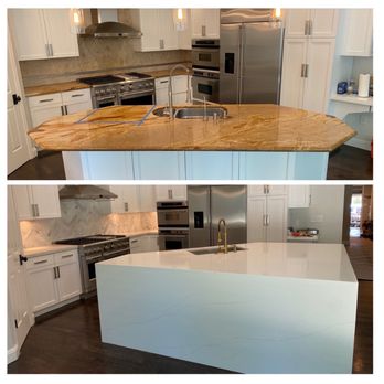 Eram Builder - Kitchen and backsplash remodel. Beautiful waterfall island!! - Flooring Near Me