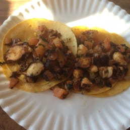Fresh piping hot tacos - octopus (left) and shrimp (right). Just $2 each!! Fresh piping hot tacos - octopus (left) and shrimp (right). Just $2 each!!