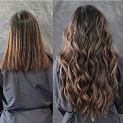 Haargalerie - Kurzes Haar, das durch eingearbeitete Extensions in eine längere Haarpracht verwandelt wurde - für einen natürlichen und voluminösen Look.