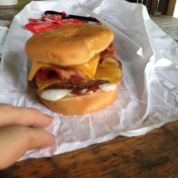 Velvet Cream - Bacon cheddar ranch burger with pickles and onions added.  Look at that real, thick cut bacon. - Ice Cream & Frozen Yogurt Near Me - Hernando, Mississippi
