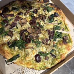 Artichoke Spinach Kalmata on a pesto base-beyond delicious