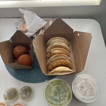 OBRA HandBakery - 2 Potato Balls, 6 one of each Empanadas, Matcha latte & Chai Latte - Latin American Near Me - Long Beach, California