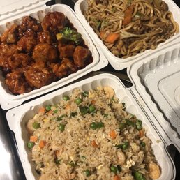 Orange chicken, chow mein, and fried rice Orange chicken, chow mein, and fried rice
