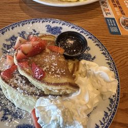 Strawberry cheesecake pancake w/ eggs and bacon