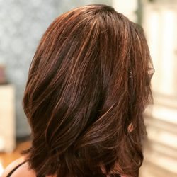 Sweet T Salon - Fall hair color, gray coverage, Scruples oil-based highlights, cherry chocolate lowlights, and angled haircut