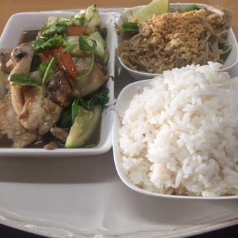 Thai Gem - Special Request, ginger fish with rice bowl and small bowl of meatless pad Thai -just scrambled egg and peanut but really tasty! - Thai Near Me - Clovis, California