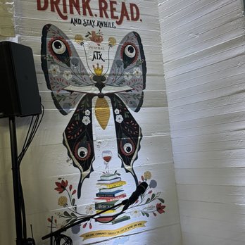Vintage Bookstore And Wine Bar - Mural next to the stage - Wine Bars Near Me - Austin, Texas Vintage Bookstore And Wine Bar - Mural next to the stage - Wine Bars Near Me - Austin, Texas