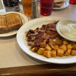 The Windmill Restaurant - Corned Beef Hash, two Poached Eggs and Home Fries.