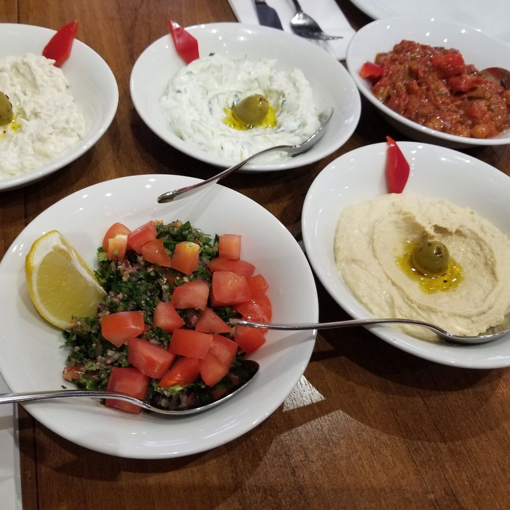 Southbank - London Mezze with tzatziki, tabbouleh, baba ganoush, hummus, and imam bayildi - Mediterranean Near Me - London, XGL Southbank - London Mezze with tzatziki, tabbouleh, baba ganoush, hummus, and imam bayildi - Mediterranean Near Me - London, XGL
