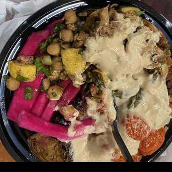 Jerusalem Chicken - Makalee Bowl (V) Hummus Pickled Turnips Cauliflower - Mediterranean Near Me - Los Angeles, California Jerusalem Chicken - Makalee Bowl (V) Hummus Pickled Turnips Cauliflower - Mediterranean Near Me - Los Angeles, California