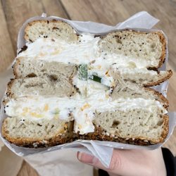 Modern Bread and Bagel - Everything bagel with jalepeno cheddar cream cheese
