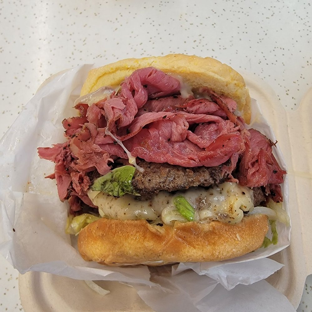 Dudes Drive Inn - Pastrami burger, but I added one extra Patty, pepper jack cheese and mustard. - Fast Food Near Me - Redding, California