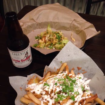 Del Seoul - Shrimp taco, kimchi fries and a "lil sumpin" lagunita's ale to round it out. Delicious! - Korean Near Me - Chicago, Illinois