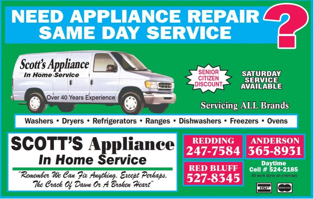 SCOTTS APPLIANCE IN HOME SERVICE Updated May 2024 842 Locust St, Redding, California