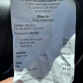 Antojitos Guatemaltecos - Receipt/prices as of 6/2023 - Latin American Near Me - El Cerrito, California Antojitos Guatemaltecos - Receipt/prices as of 6/2023 - Latin American Near Me - El Cerrito, California