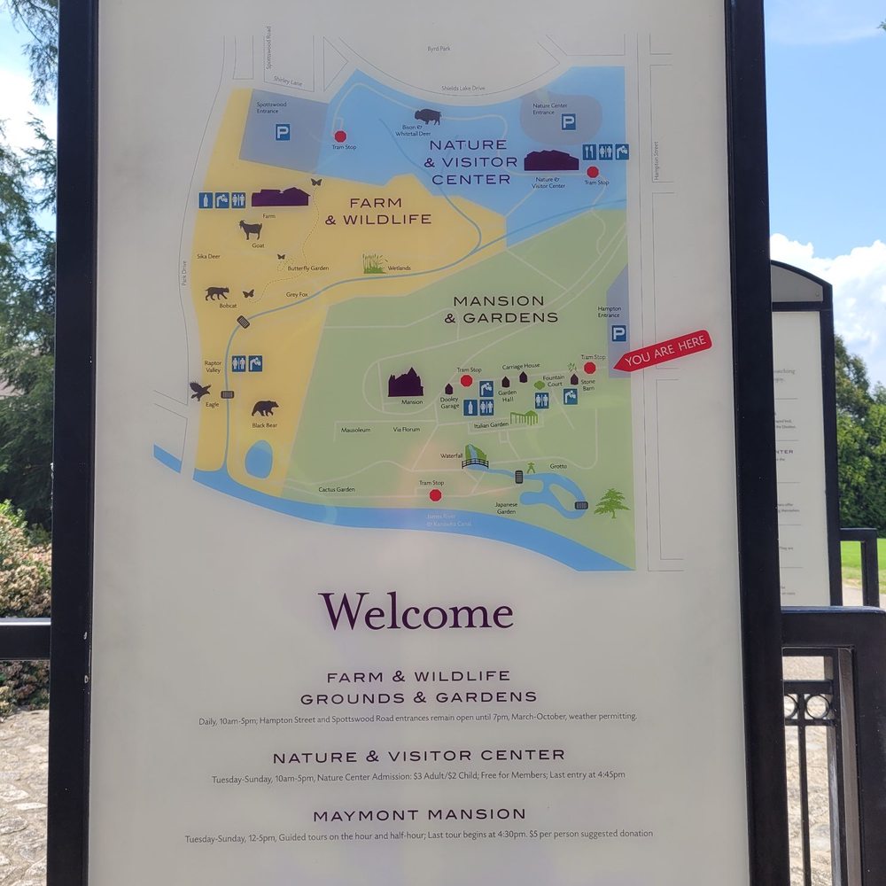 Maymont - Map to get your bearings. Red marks are tram stops, but on our 8/2021 visit the tram service was suspended due to Covid-19 protocols. - Parks Near Me - Richmond, Virginia Maymont - Map to get your bearings. Red marks are tram stops, but on our 8/2021 visit the tram service was suspended due to Covid-19 protocols. - Parks Near Me - Richmond, Virginia