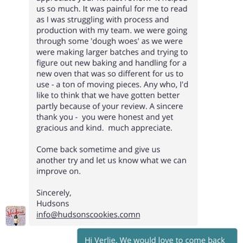 Hudsons Cookies - Yelp conversation between the business owner & myself. - Desserts Near Me - Irvine, California Hudsons Cookies - Yelp conversation between the business owner & myself. - Desserts Near Me - Irvine, California