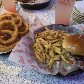 Bubba's 33 - Bacon cheeseburger with fries, onion rings, and a strawberry lemonade. - American Near Me - San Antonio, Texas