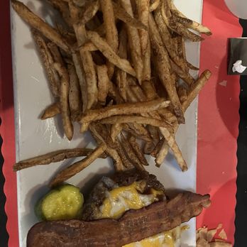 Brass Buckle Restaurant - Bunnless barbecue hamburger with cheddar and bacon with a side of fries. - Mexican Near Me - Conyngham, Pennsylvania Brass Buckle Restaurant - Bunnless barbecue hamburger with cheddar and bacon with a side of fries. - Mexican Near Me - Conyngham, Pennsylvania