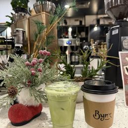 matcha latte with sweetener and snow on the beach