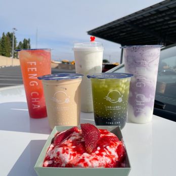Feng Cha Teahouse - summer melon tea, matcha latte with cheese foam, purple rain, black milk tea, green apple tea with grass jelly and strawberry cake - Bubble Tea Near Me - Costa Mesa, California Feng Cha Teahouse - summer melon tea, matcha latte with cheese foam, purple rain, black milk tea, green apple tea with grass jelly and strawberry cake - Bubble Tea Near Me - Costa Mesa, California