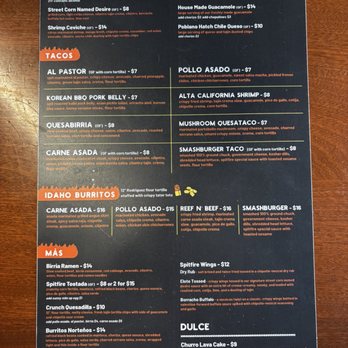 Spitfire Tacos + Tequila - Menu (July 2026) - Mexican Near Me - Eagle, Idaho