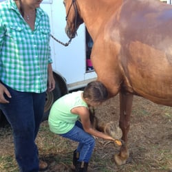 A young cowgirl learning how to care for her horse after her lessons. Picking the horses hooves after riding is important.