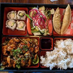 ilovekeats - Chicken Teriyaki, California Sushi Roll, fresh tomato's and salad with ginger dressing, veggie dumplings, and steamed white rice.
