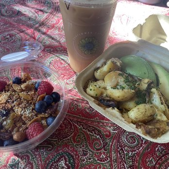 Sunflower Caffe - Coconut chia pudding (delicious and vegan), iced coffee and side of potatoes with avocado - Coffee & Tea Near Me - Sonoma, California Sunflower Caffe - Coconut chia pudding (delicious and vegan), iced coffee and side of potatoes with avocado - Coffee & Tea Near Me - Sonoma, California