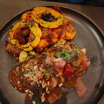 Root Down - Sirloin steak with smashed fried sweet potatoes out of this world! - New American Near Me - Denver, Colorado Root Down - Sirloin steak with smashed fried sweet potatoes out of this world! - New American Near Me - Denver, Colorado