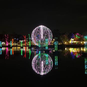 Zoolights - A spherical light installation with multicolored LED lights is reflected on a water surface at night, surrounded by illuminated trees and structures. - Zoos Near Me - Phoenix, Arizona