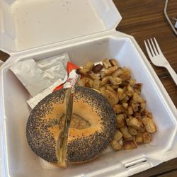 Broadway Bagels - Sausage & Egg on a poppy bagel 1/2 order of home fries