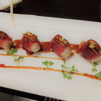 Wasabi - New Year's Eve special: Shogatsu Blue fin tuna wrapped w/shiso and sushi rice, topped w/foie gras & gold leaf--sooooo good! - Sushi Bars Near Me - West Des Moines, Iowa Wasabi - New Year's Eve special: Shogatsu Blue fin tuna wrapped w/shiso and sushi rice, topped w/foie gras & gold leaf--sooooo good! - Sushi Bars Near Me - West Des Moines, Iowa