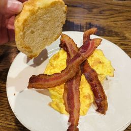 Biscuit, bacon and scrambled eggs