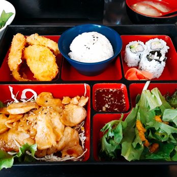 BNK Thai & Sushi - Chicken teriyaki bento box ($10 lunch special), comes with veggie tempura, 3pc California roll, rice ball and "salad" (sh*tty garden weeds) - Japanese Near Me - Elmhurst, Illinois