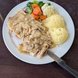 Poached Dreams Diner - Hot turkey sandwich with mashed potatoes and veggies