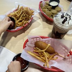 Frankie's Dog House - French fry and fried pickles baskets, corn dog, and mocha Iced Latte